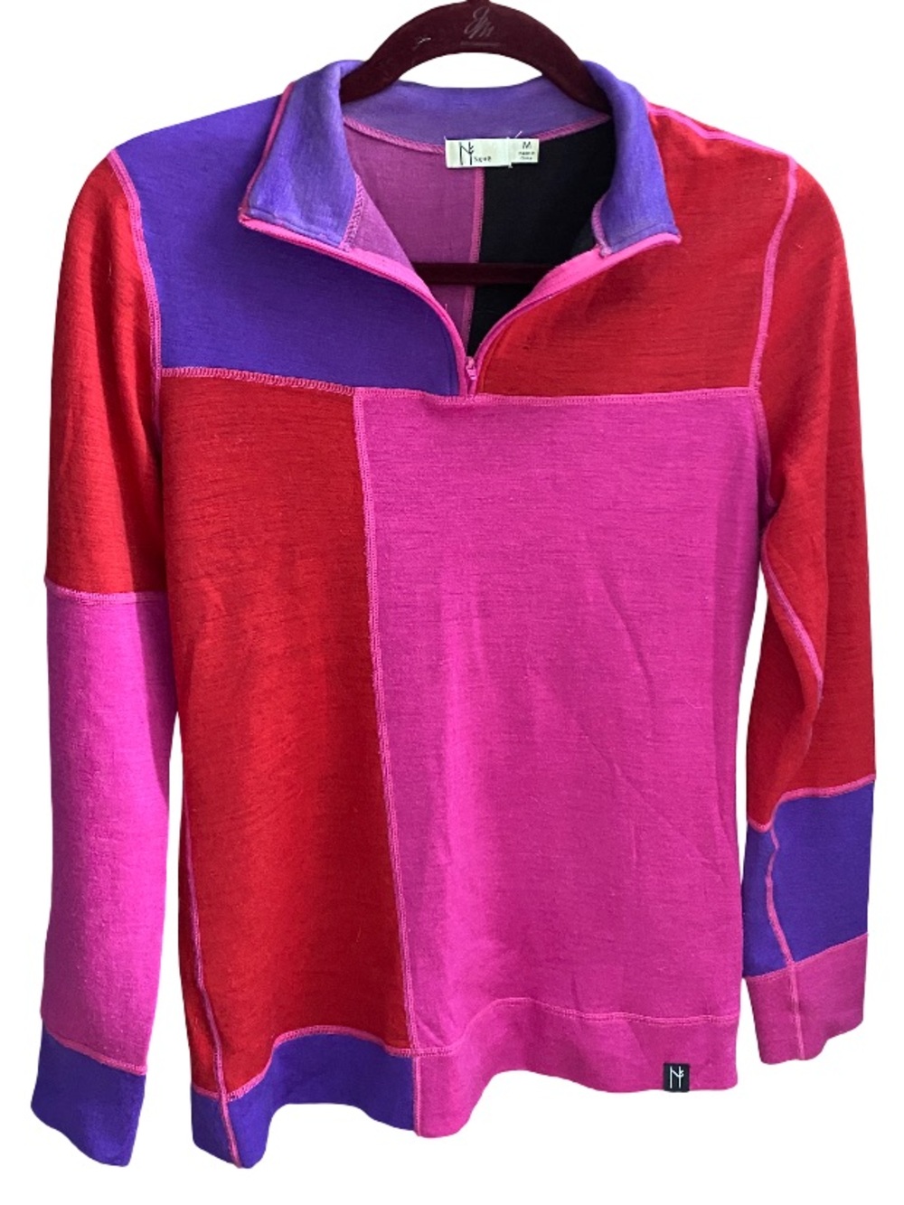 Neve wool colorblock pink purple Apres Ski quarter zip pullover sweater size M